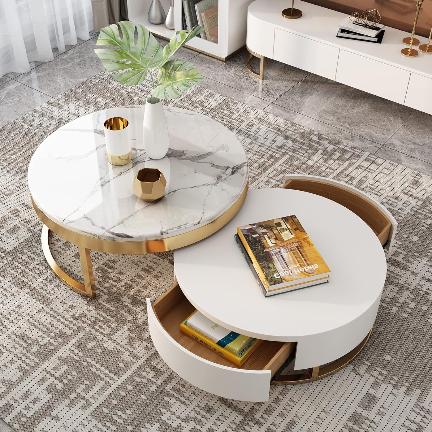 Ronak Round Shape Marble/Gold Coffee Table (White Marble)