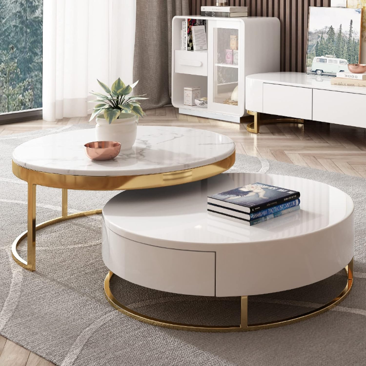 Ronak Round Shape Marble/Gold Coffee Table (White Marble)