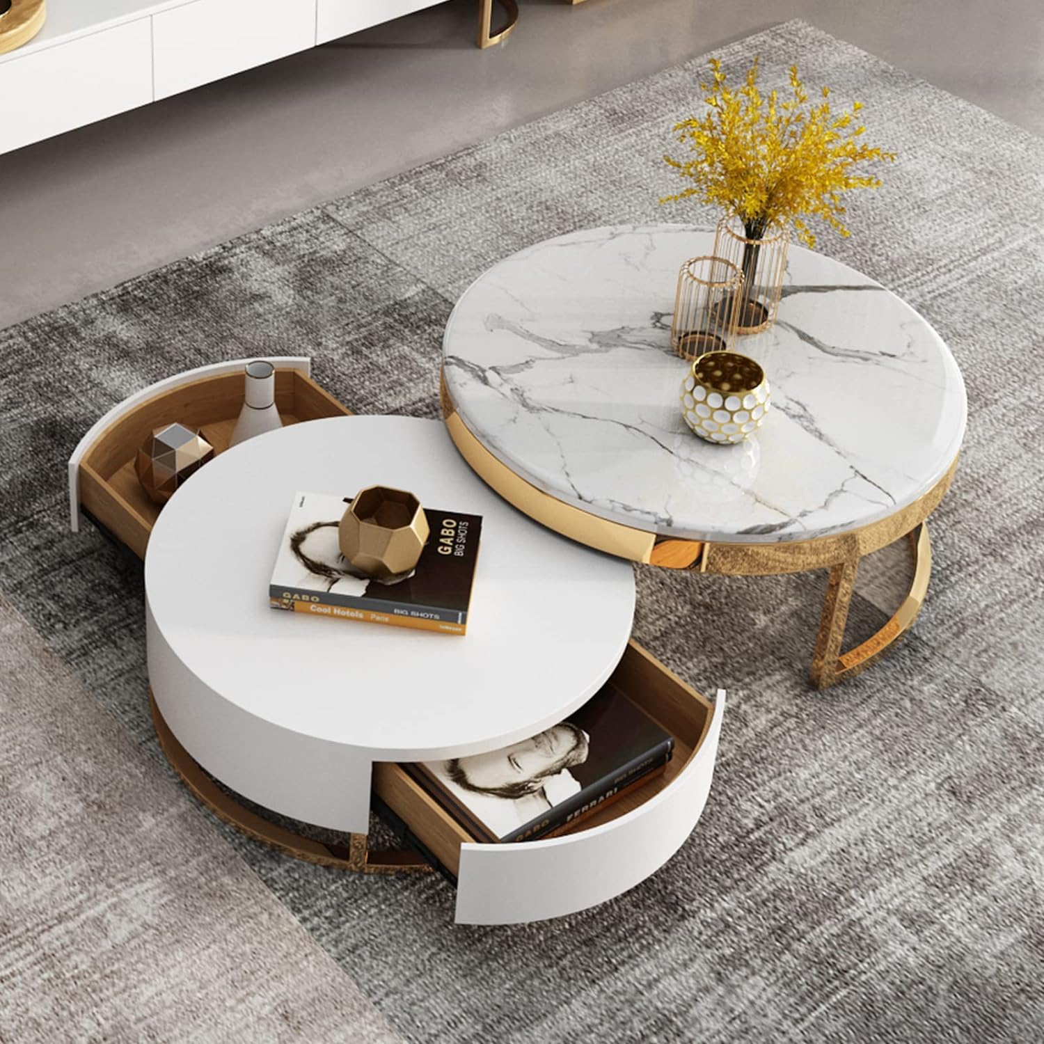 Ronak Round Shape Marble/Gold Coffee Table (White Marble)