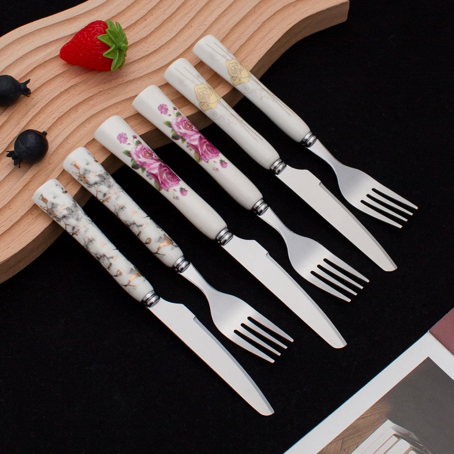 Stainless Steel Fruit Knife and Fork Set with Ceramic Handles