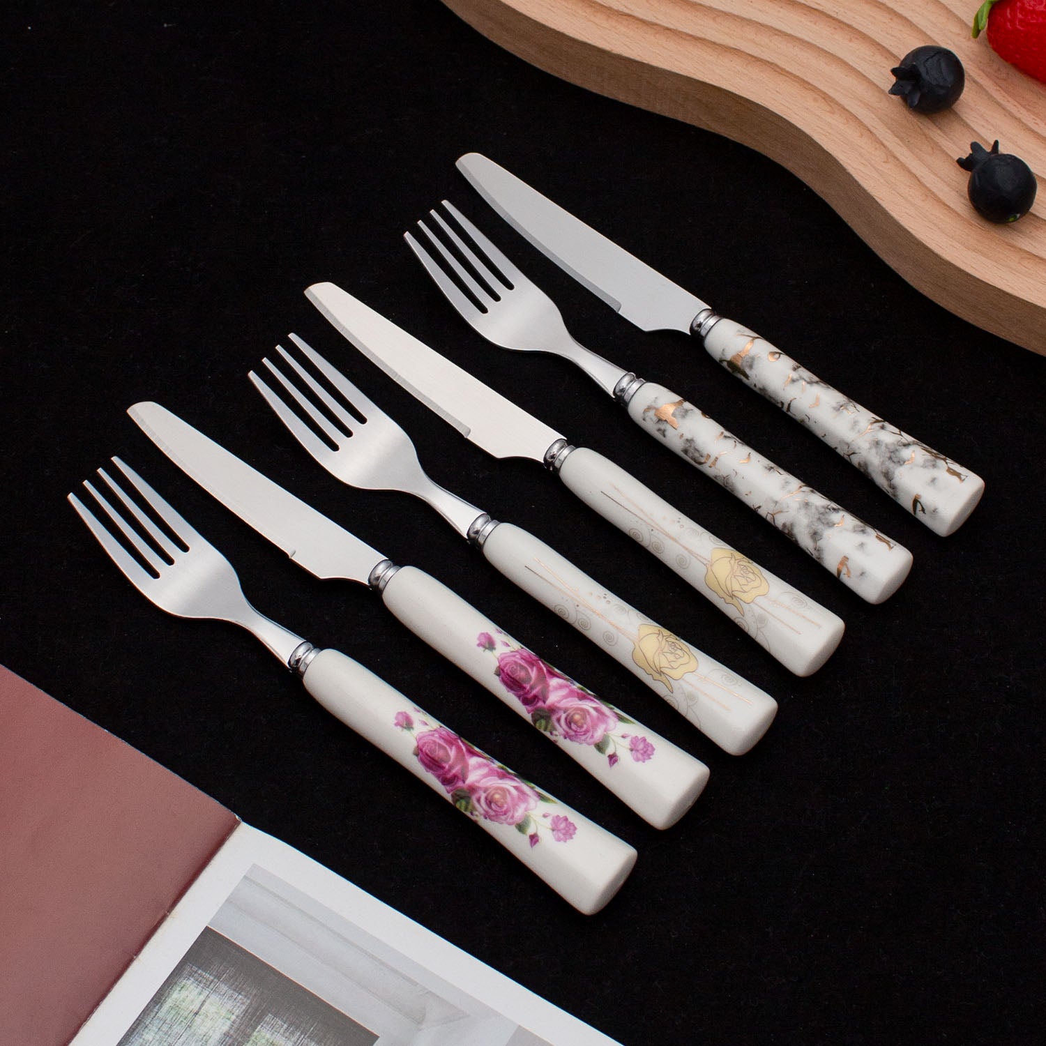 Stainless Steel Fruit Knife and Fork Set with Ceramic Handles