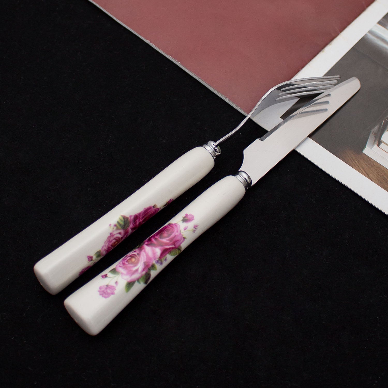 Stainless Steel Fruit Knife and Fork Set with Ceramic Handles