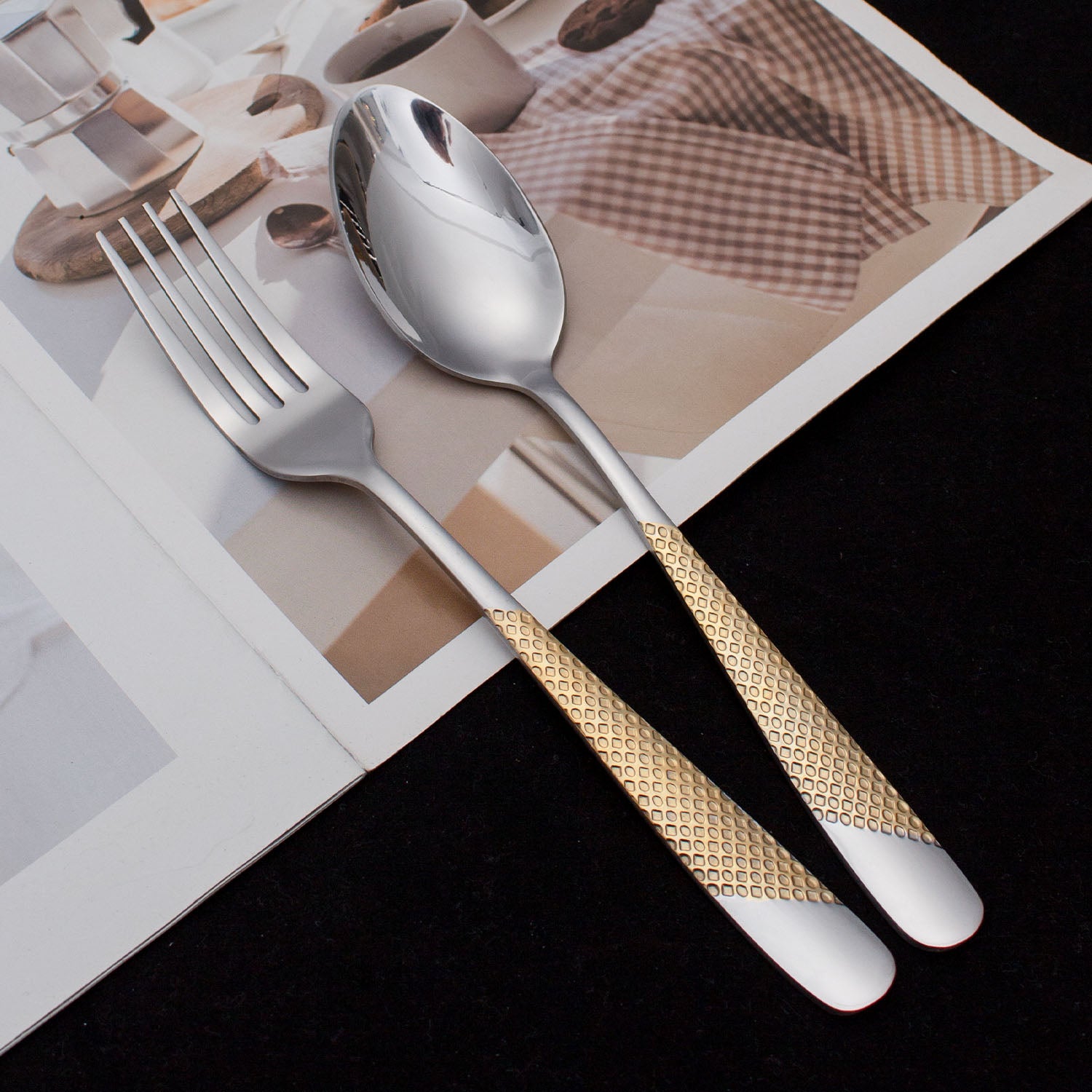 Hammered stainless / Gold Spoon & Fork Dinner Ware