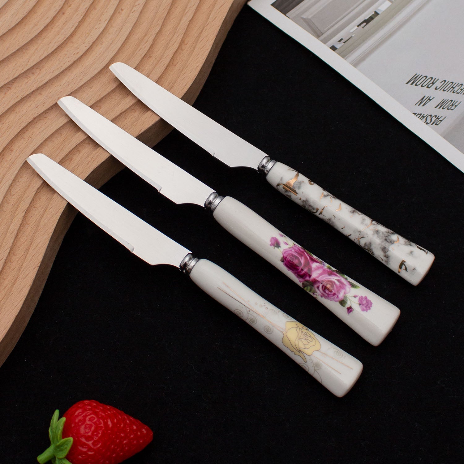 Stainless Steel Fruit Knife and Fork Set with Ceramic Handles