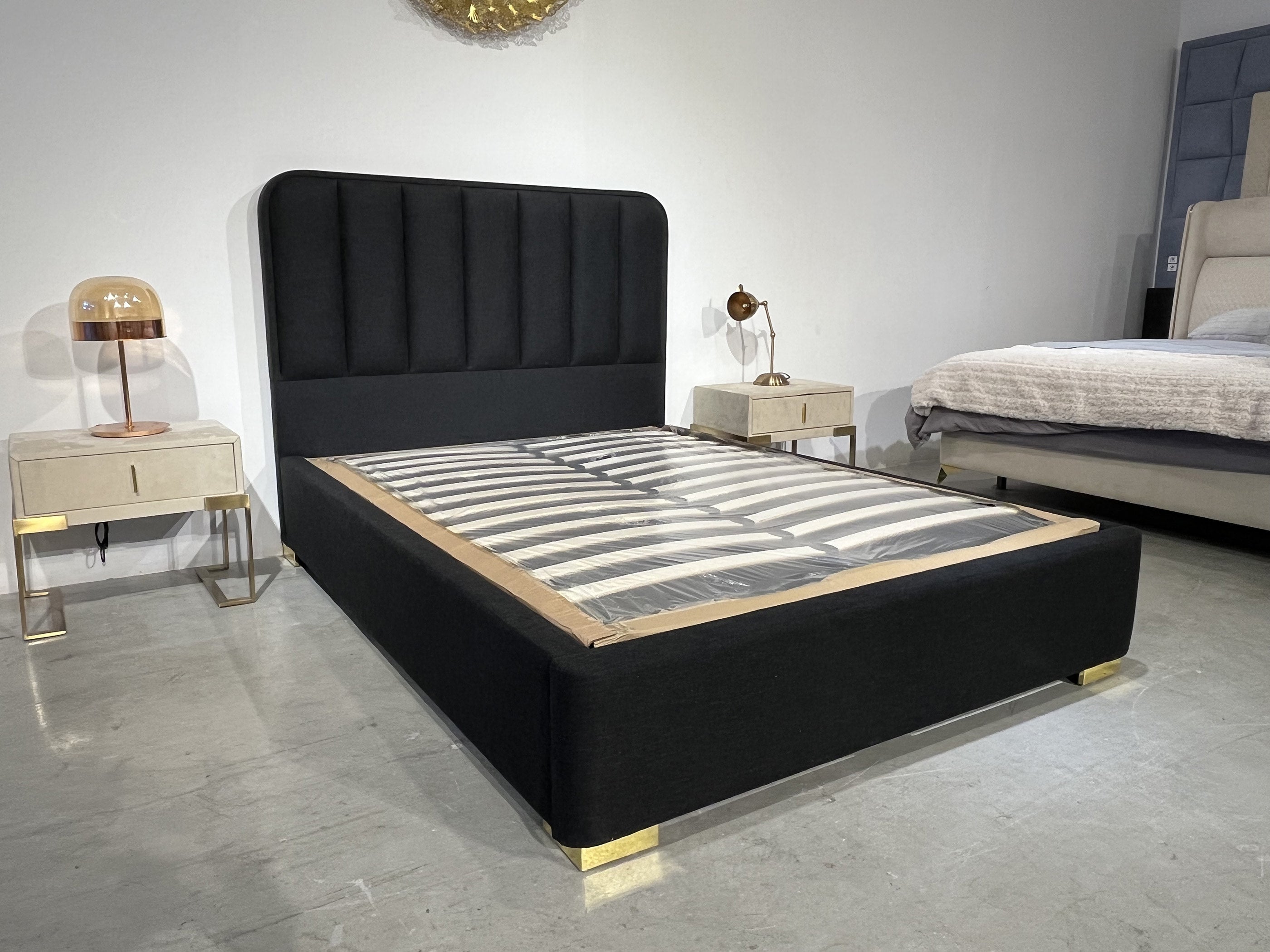 Bkack with gold touch bed frame.